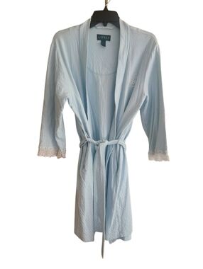 Lauren Ralph Lauren Light Blue Lace-Trim Belted Robe Monogram Logo